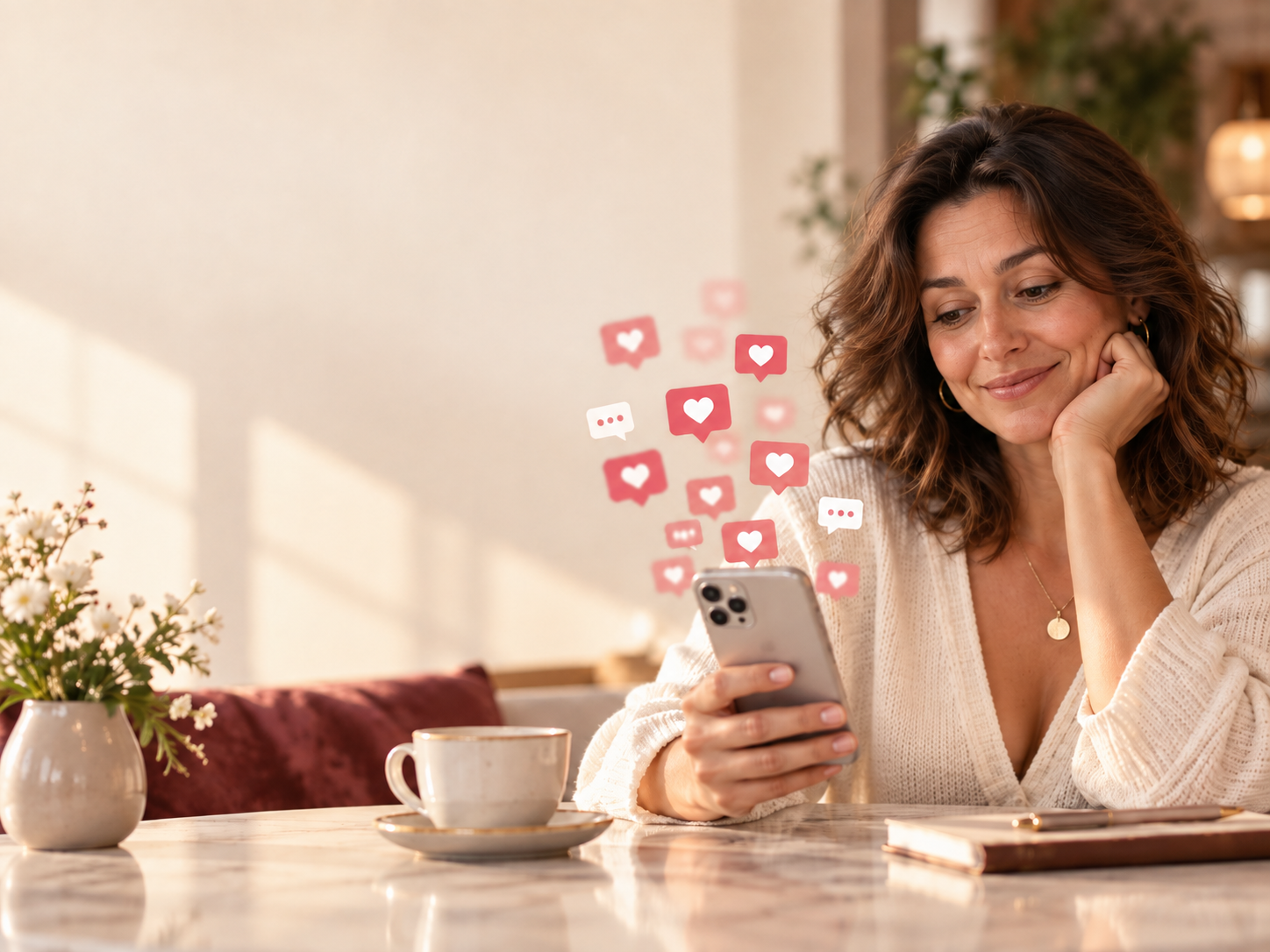 Woman reviewing messages on her mobile phone