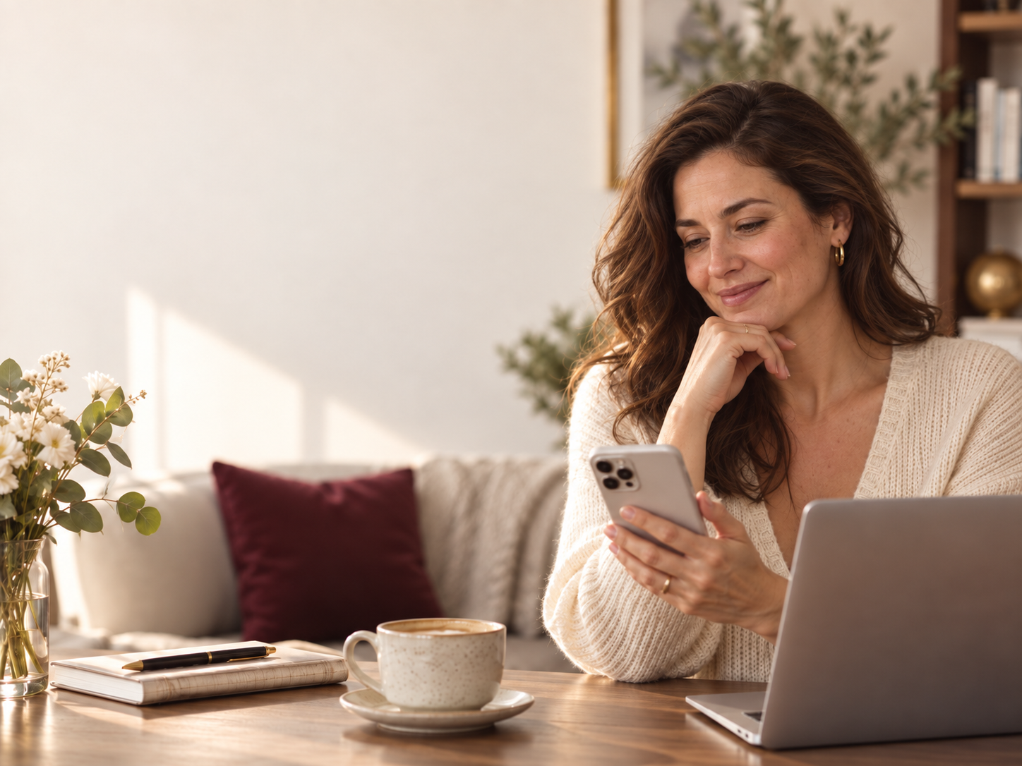 Woman thoughtfully looking at her phone and laptop